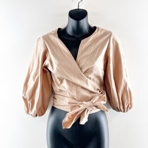 Amanda Uprichard Puff Sleeve Cropped Tie Waist Bow Wrap Top Beige Small